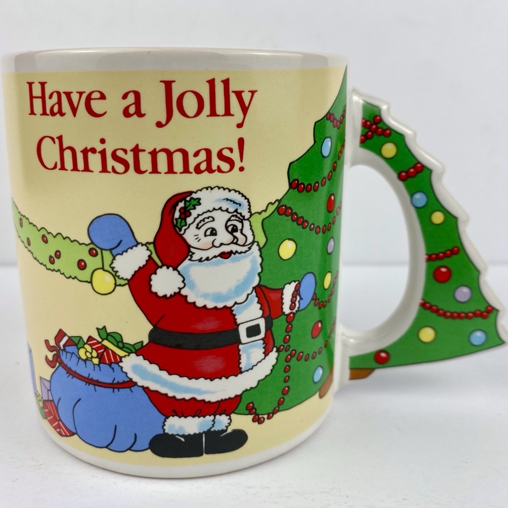 Russ Berrie Vintage Christmas Mug, Santa, Tree Handle 8903, Korea